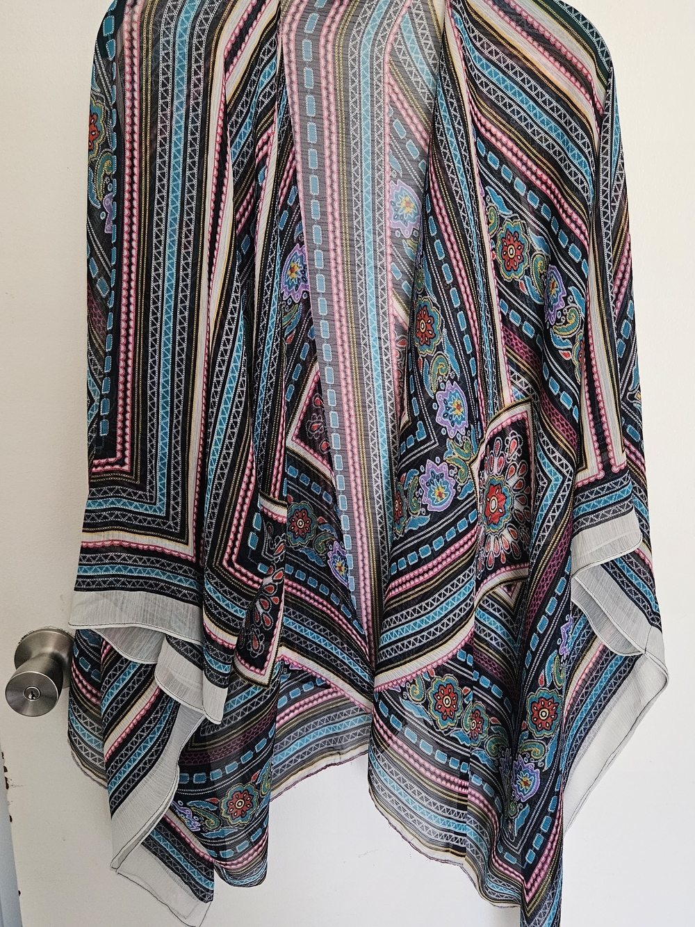 New York & Company Black Sheer Coverup with Teal Pink and Yellow Accents